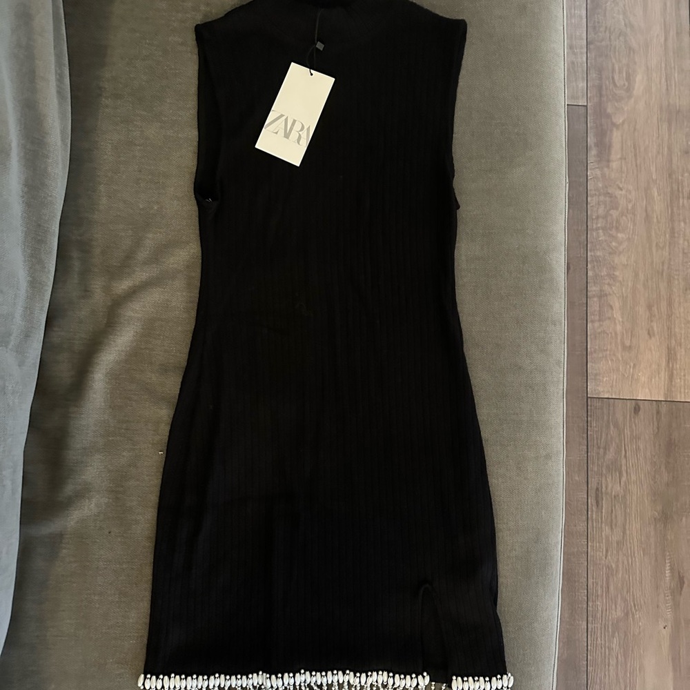 BRAND NEW Zara Black Mini Dress with Pearl Detail